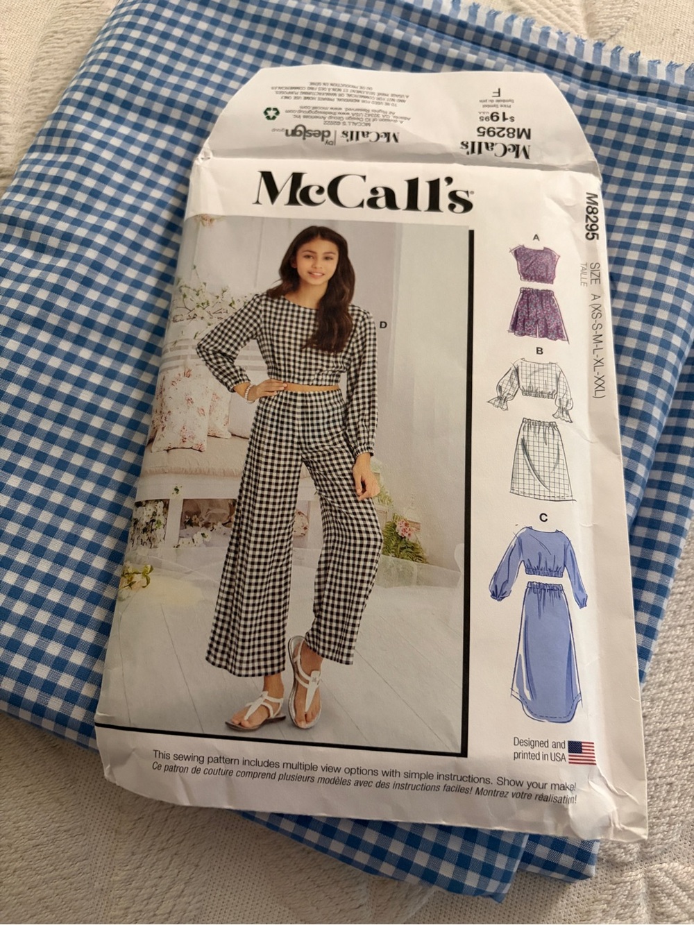 NEW McCalls pattern M8295  size 7-16 kids/youth & 4 yards of blue gingham 45”